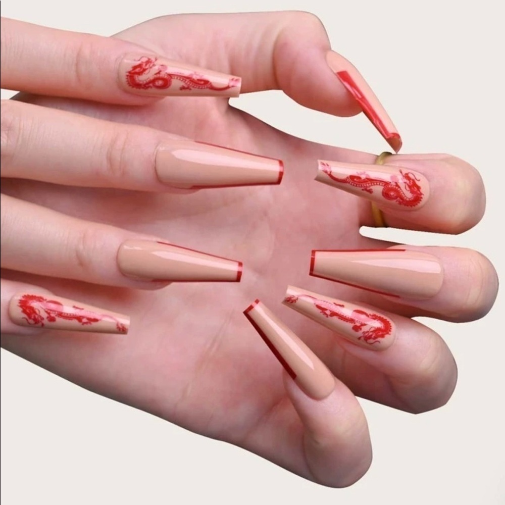 Tan And Red Dragon Decal long Press On Nails